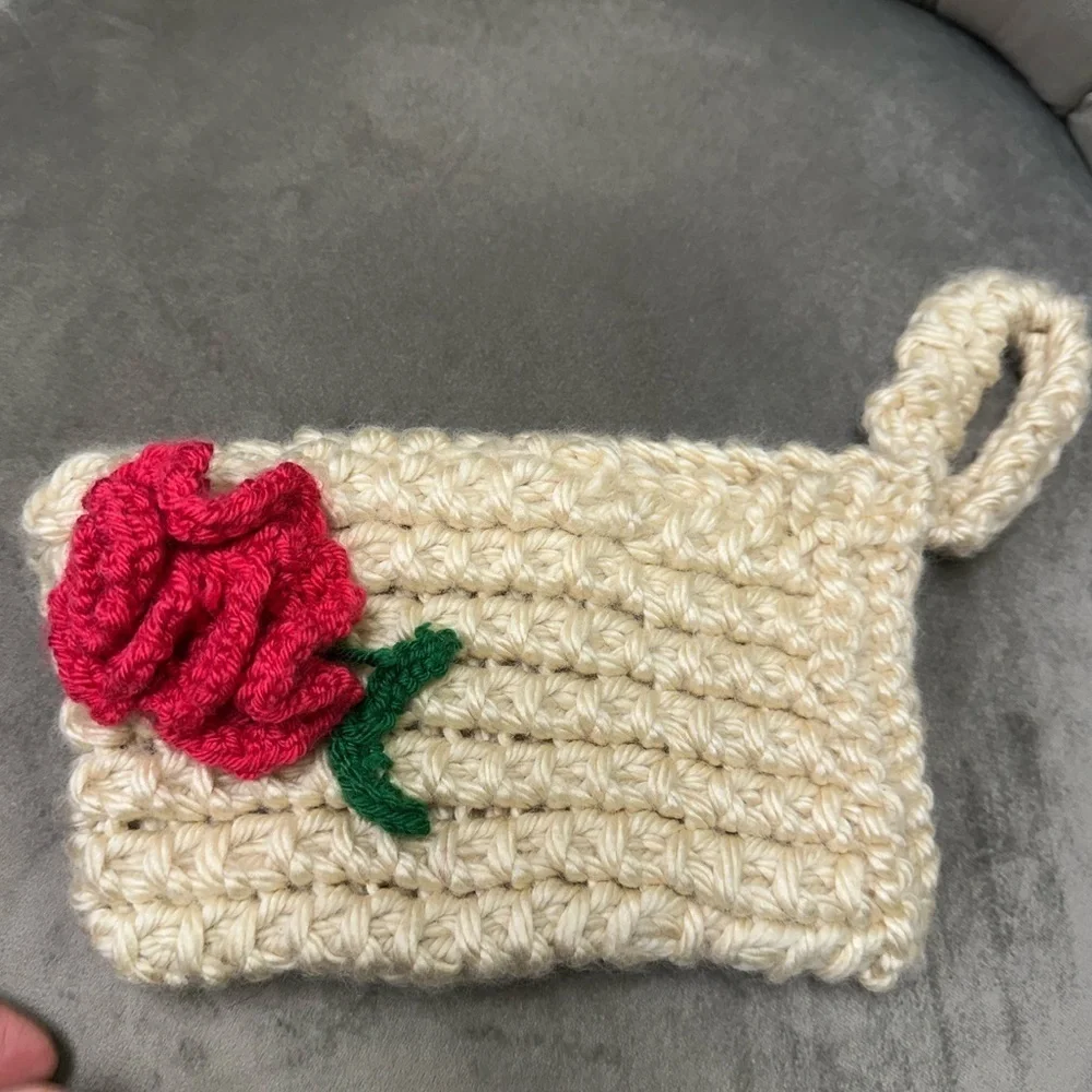 Handcrafted Cream Crochet Pouch with Red Flower